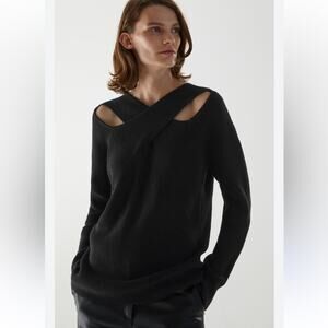 COS Chunky Black Cut Out Ribbed Knit Cotton Oversized Pullover Sweater - Size L